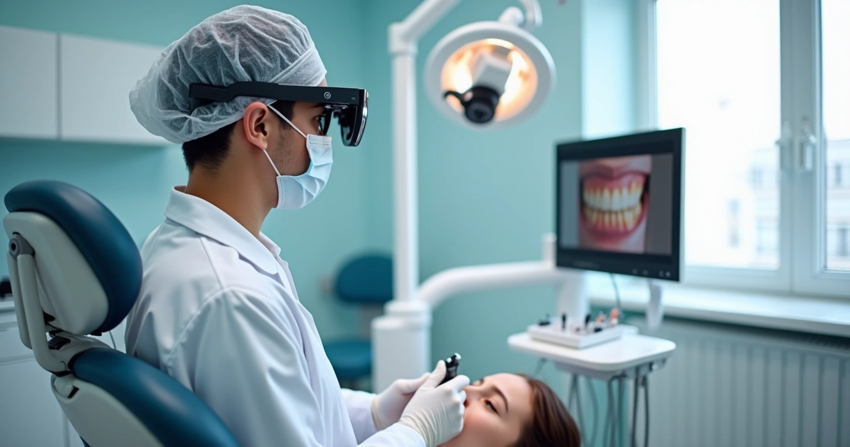 Dentista usando lupa Zumax em atendimento clínico 