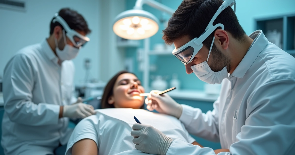 Dentista usando lupa Zumax em atendimento detalhado 