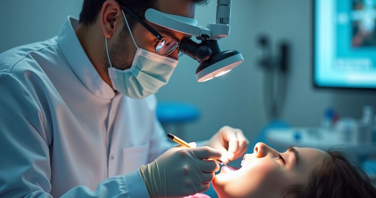 Dentista usando lupa Zumax durante um procedimento detalhado 