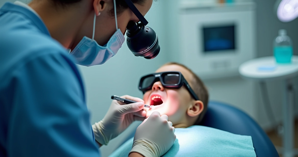 Dentista usando lupas binoculares Zumax em procedimento odontológico 