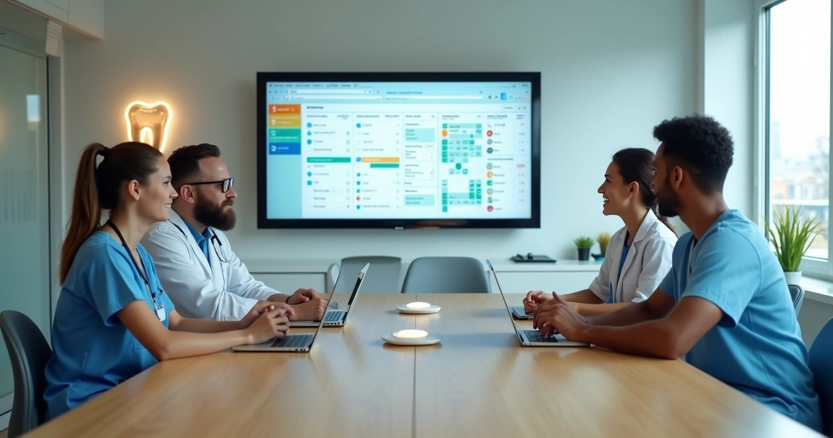 Time odontológico ao redor de mesa olhando para tela com software de gestão da clínica 