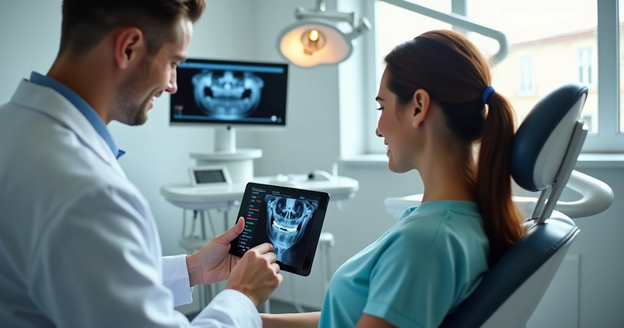 Dentista usando tablet na cadeira de atendimento 