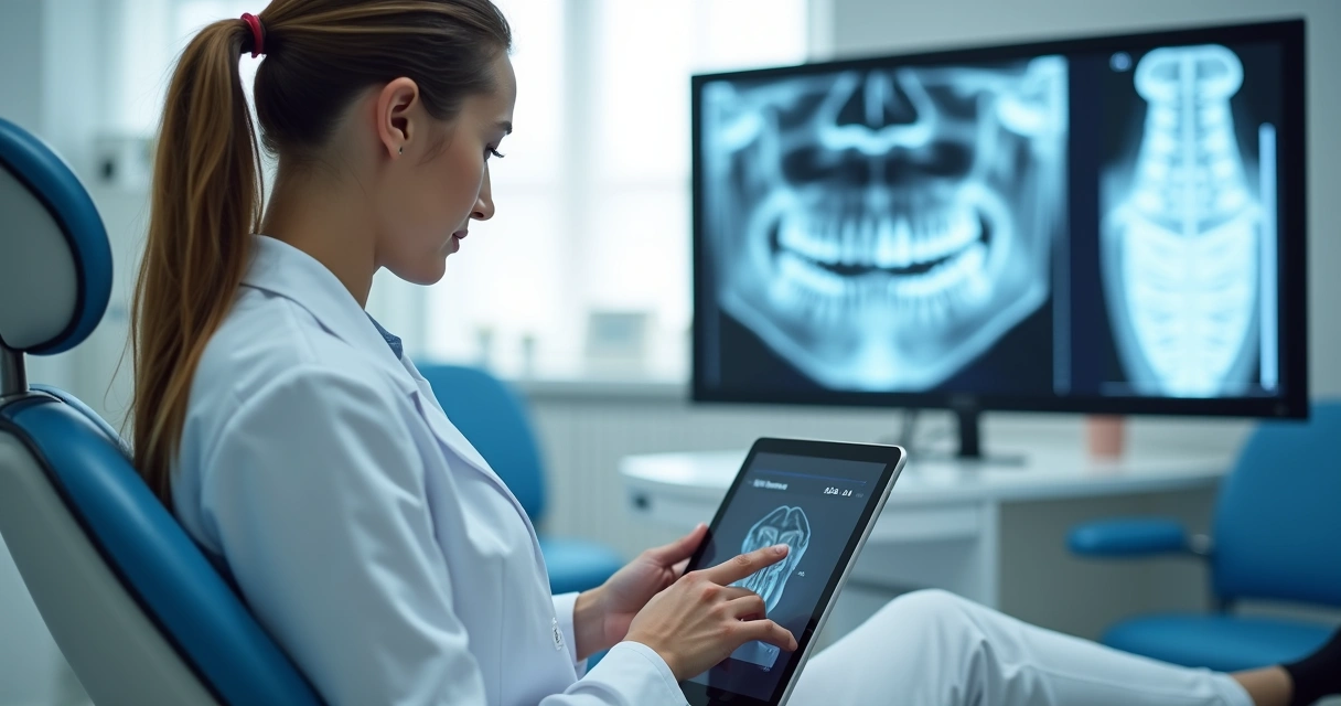 Dentista digitando dados em tablet durante atendimento 