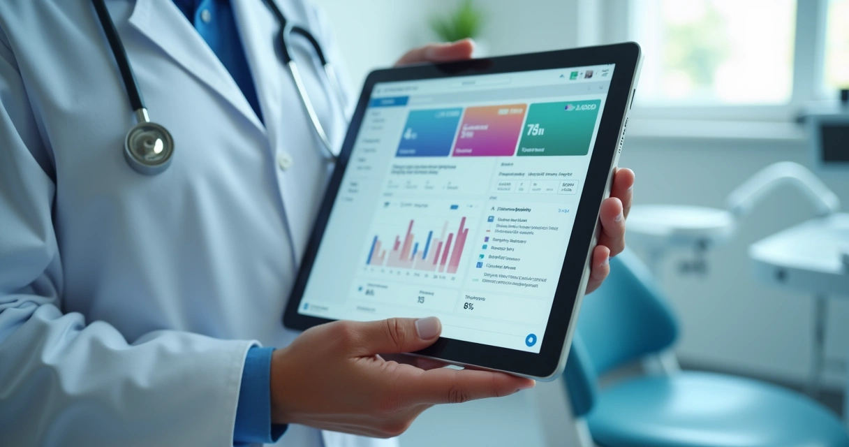 Dentista usando tablet para acessar sistema de gestão odontológica