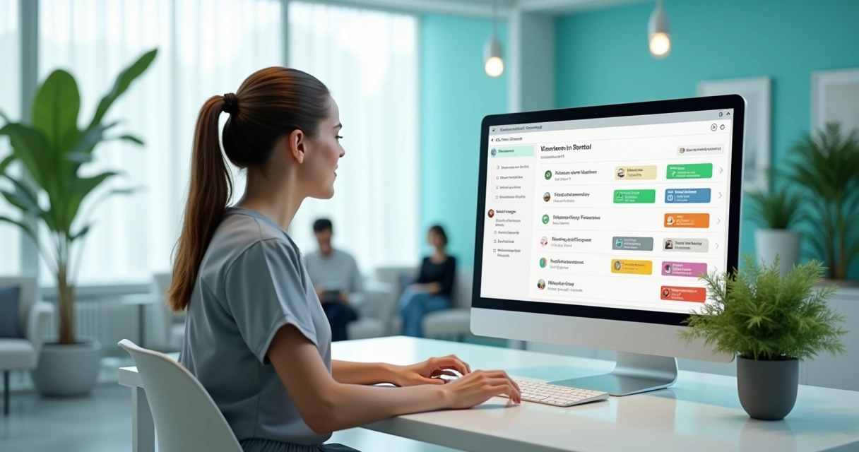 Dentista usando software com tags coloridas para organizar pacientes na tela do computador 