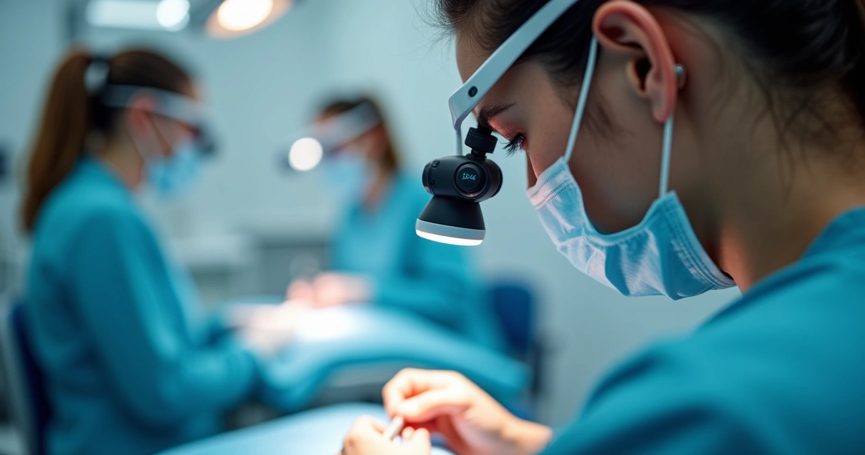 Dentista usando lupa frontal iluminada em consultório 