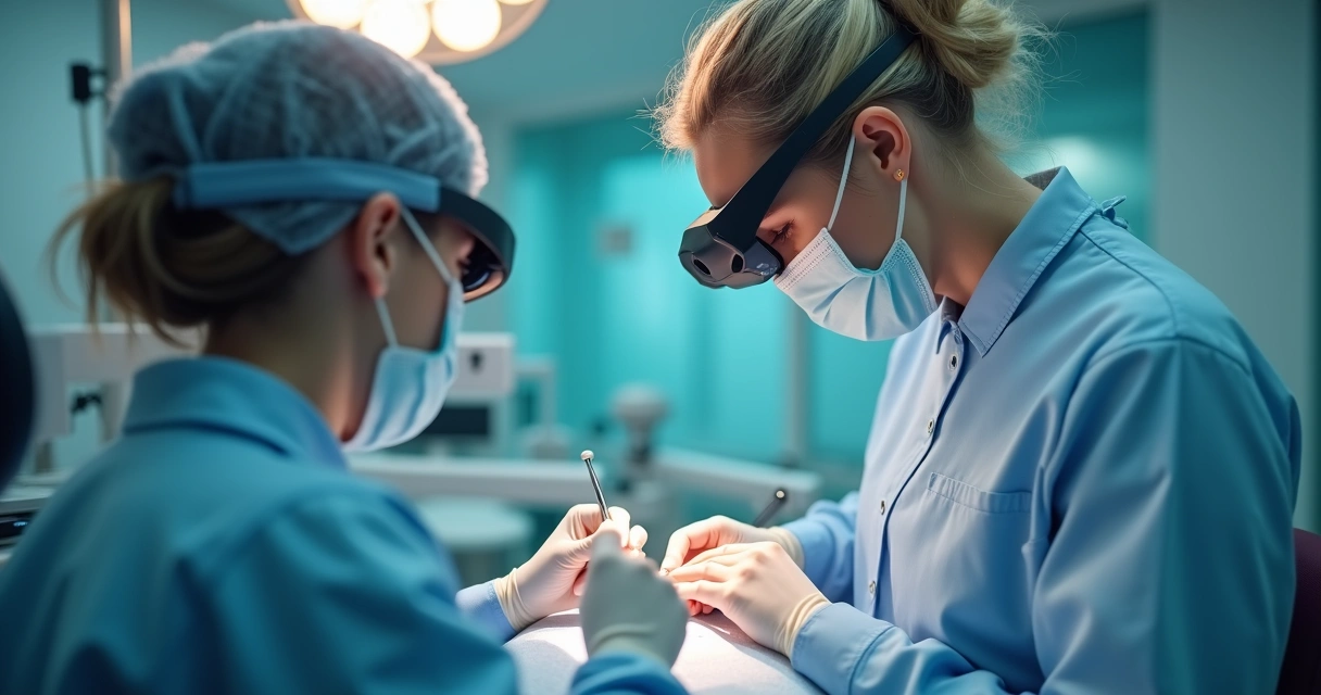 Dentista atento utilizando lupa cirúrgica em consultório moderno com iluminação focada 