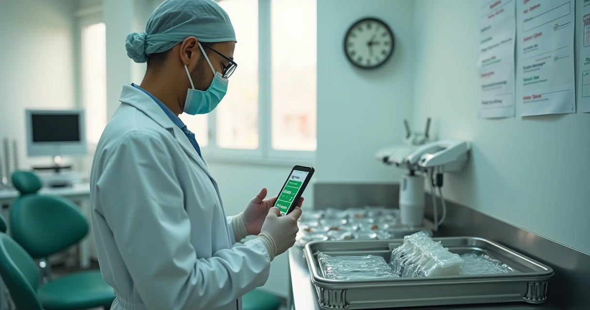 Dentista conferindo confirmações de consulta no celular enquanto organiza materiais 
