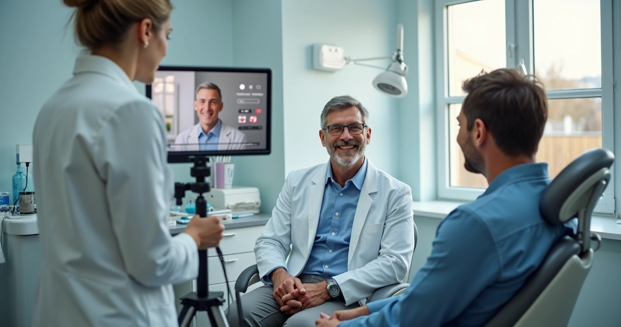 Dentista gravando vídeo de depoimento com paciente em consultório moderno 