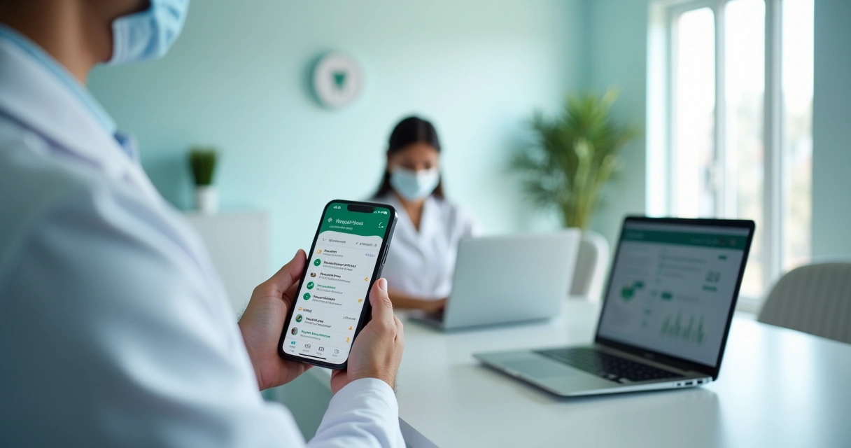 Dentista usando WhatsApp Business em smartphone na recepção da clínica 