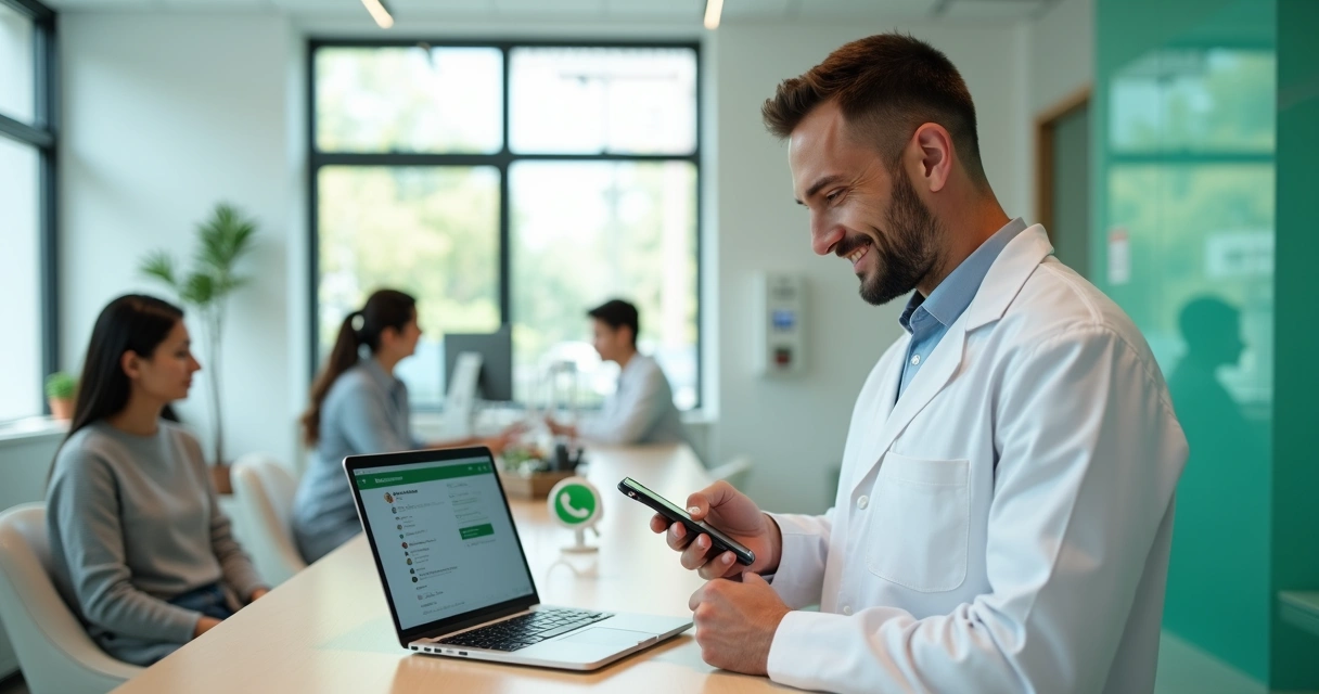 Dentista usando WhatsApp profissional no consultório odontológico 