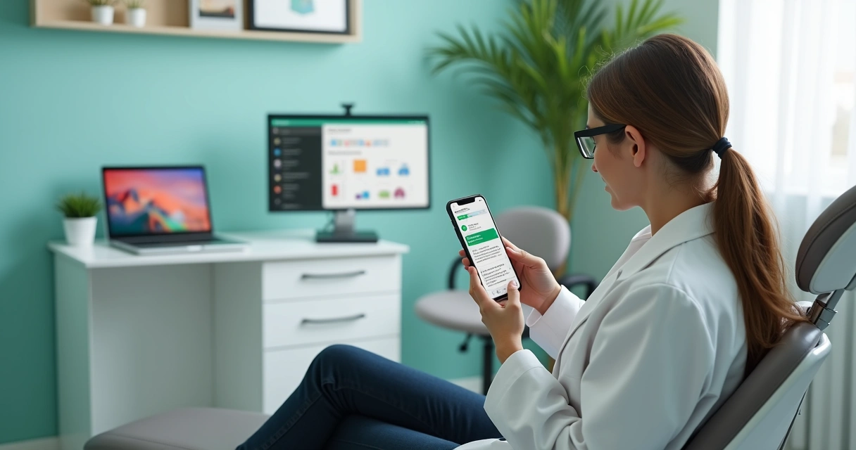 Dentista em consultório moderno grava mensagem de voz no WhatsApp para paciente faltoso 