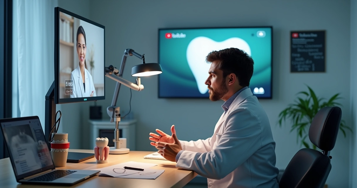Dentista em estúdio simples transmitindo live profissional no YouTube com foco em odontologia 