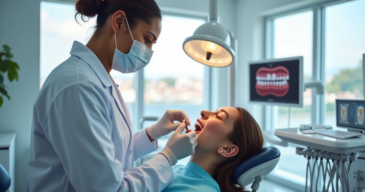 Dentista realizando exame oral em paciente com ambiente de clínica odontológica moderna e equipada 