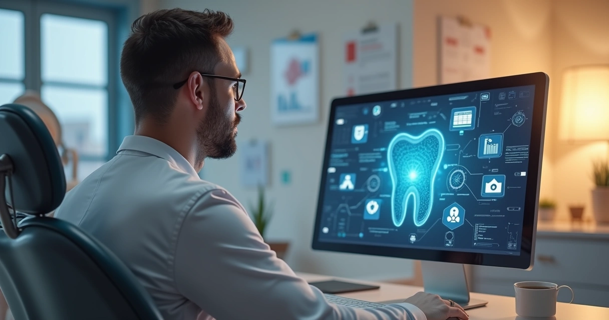 Dentista pensativo olhando para tela de computador com gráficos e ícones de automação na clínica 