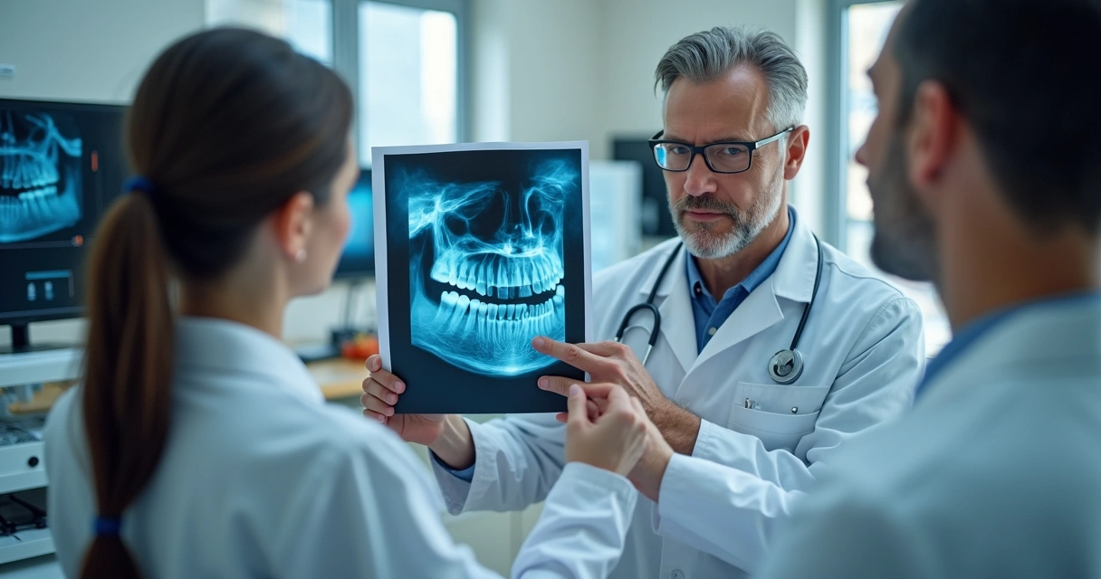 Dentistas analisando radiografia de paciente em consultório