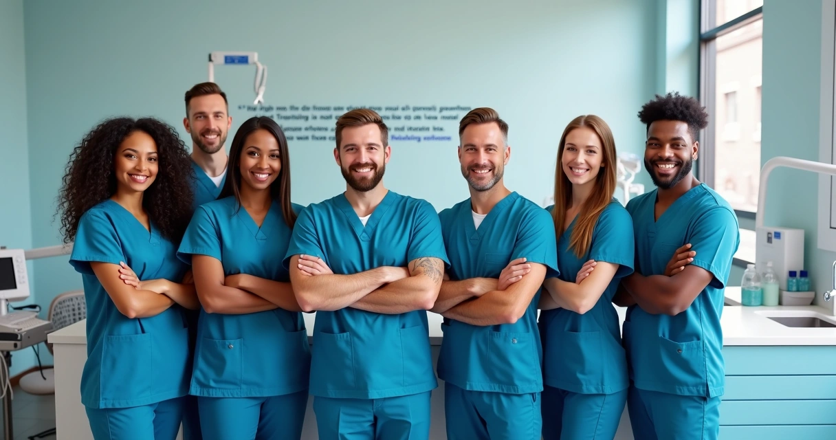 Equipe odontológica alinhada e sorridente 