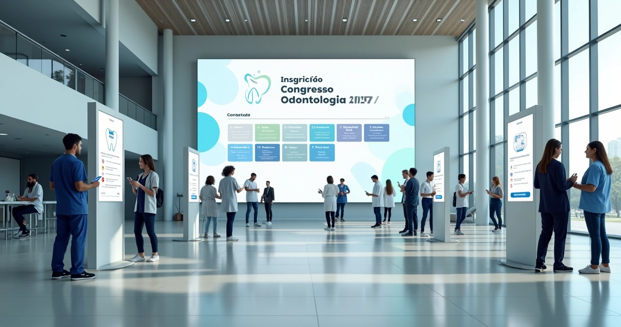 Dentistas usando totens digitais para inscrição em congresso odontológico 