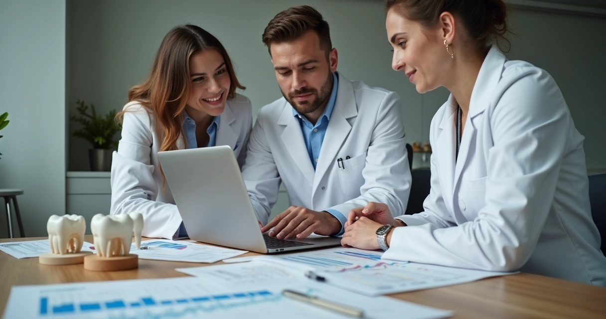 Equipe odontológica em reunião fiscal com planilhas e laptop 