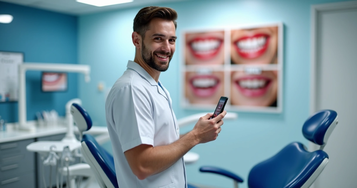 Dentista usando celular em consultório moderno, mostrando tela do Instagram. 