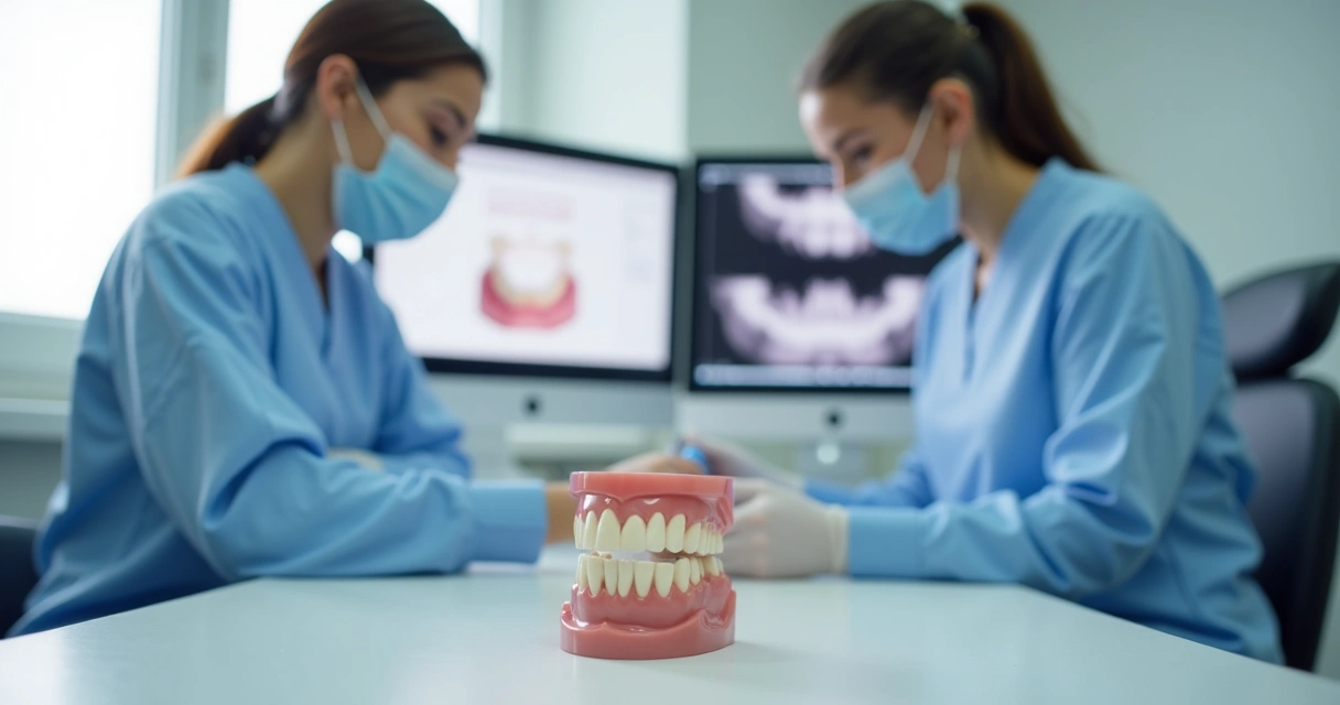 Equipes de dentistas em clínica, examinando prótese dentária flexível sobre bancada