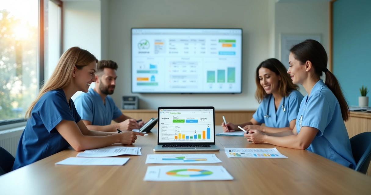 Dentistas analisando tela com gráficos de comissão variável em clínica moderna 