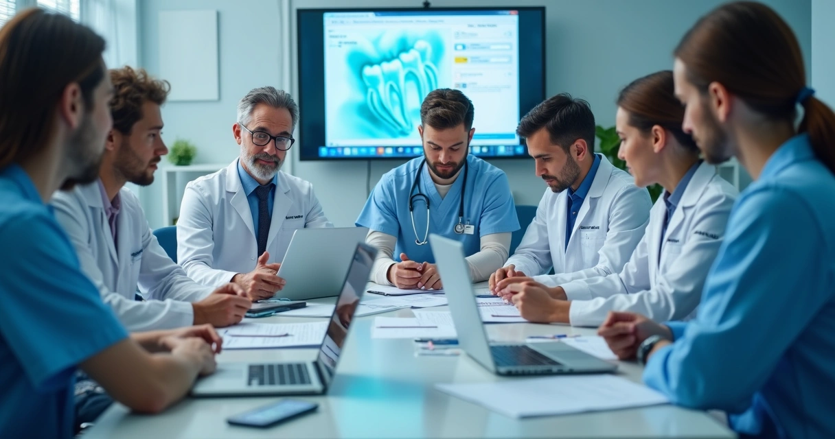 Equipe de dentistas analisando regras de publicidade juntos