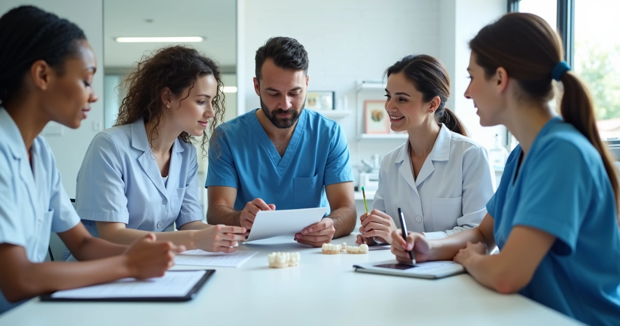 Profissionais de odontologia em reunião discutindo parceria na clínica 