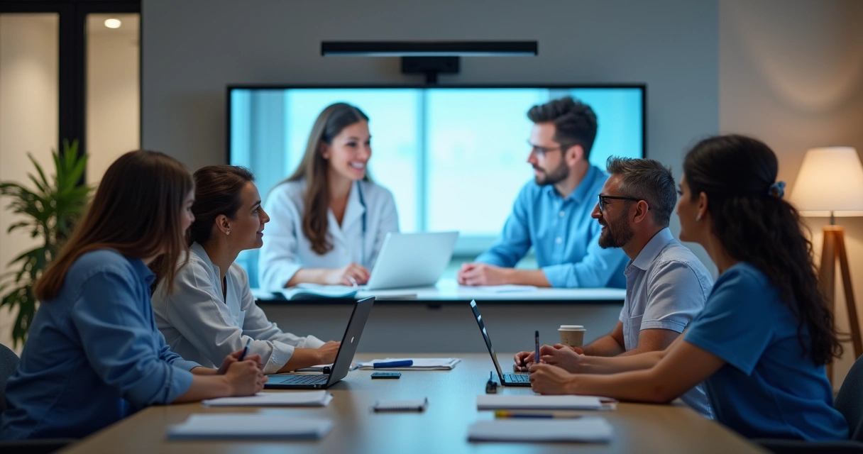 Grupo de dentistas reunidos assistindo webinar online