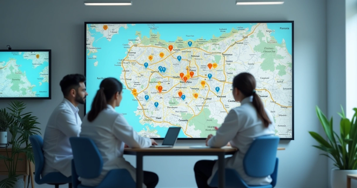 Dentista analisando mapa com alfinetes de localização na parede