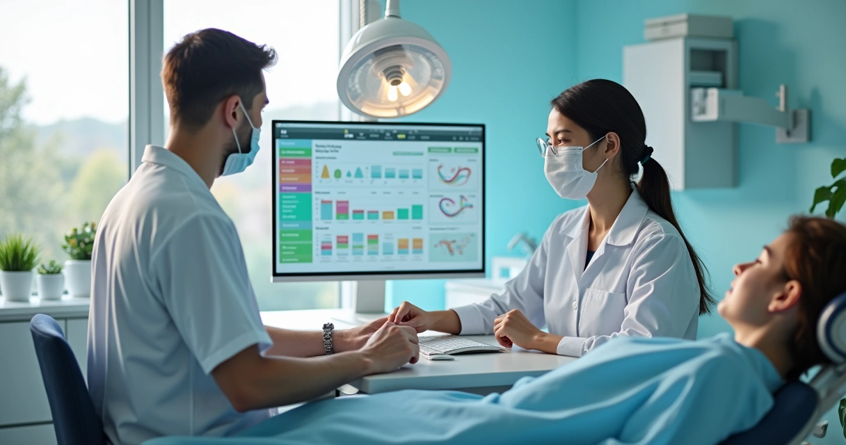 Dentistas utilizando softwares em consultório odontológico, com telas de sistemas de agendamento e relatórios ao fundo 