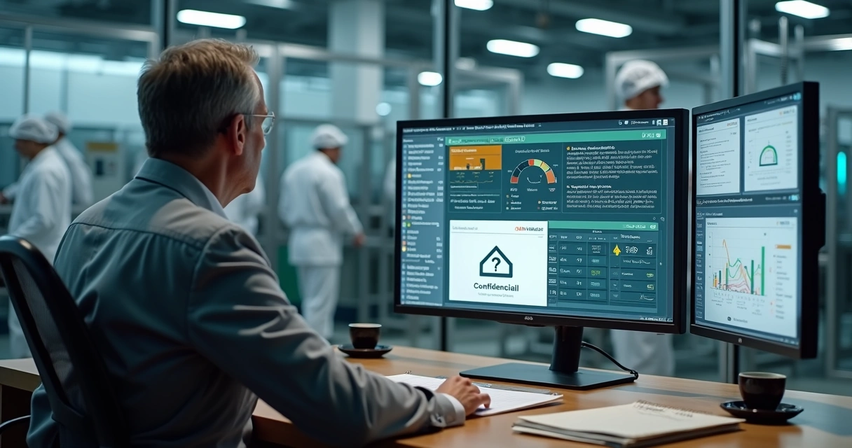 Gestor analisando denúncia anônima de segurança de alimentos na fábrica 