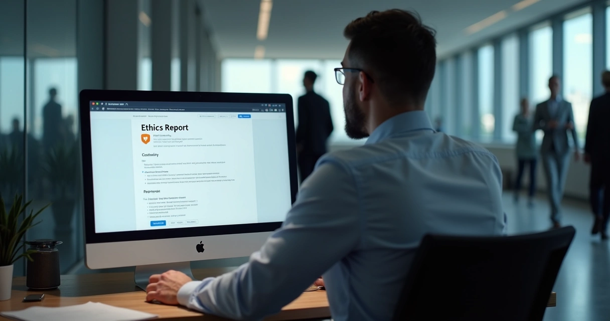 Profissional registrando denúncia ética em ambiente corporativo