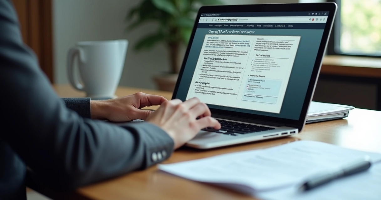 Pessoa enviando denúncia de fraude imobiliária no notebook 