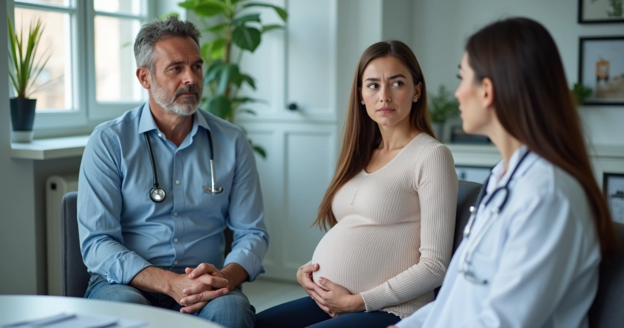 Mulher gestante acompanhada de parceiro falando com médica no consultório 