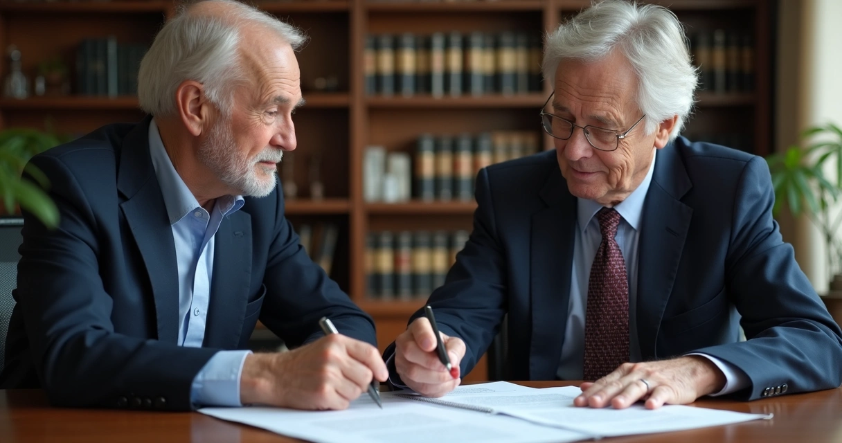 Idoso conversando sério com advogada no escritório, documentos na mesa 