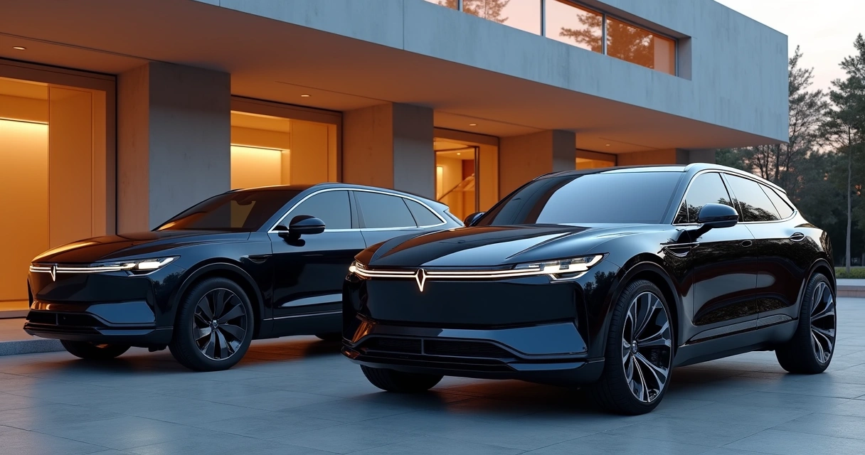 Denza Z9 GT e Denza B5 lado a lado em ambiente urbano moderno, destaque para design de luxo, detalhes aerodinâmicos e acabamento sofisticado 