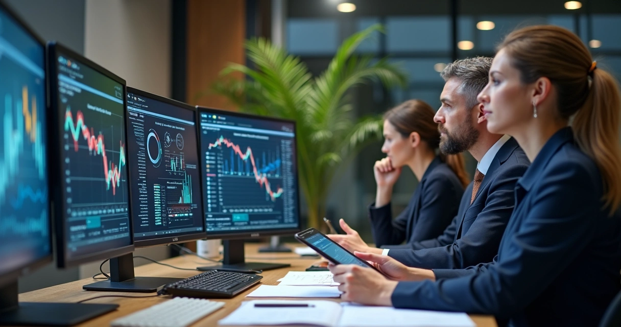 Equipe de profissionais trabalhando em escritório moderno com computadores e gráficos de dados tributários na tela 