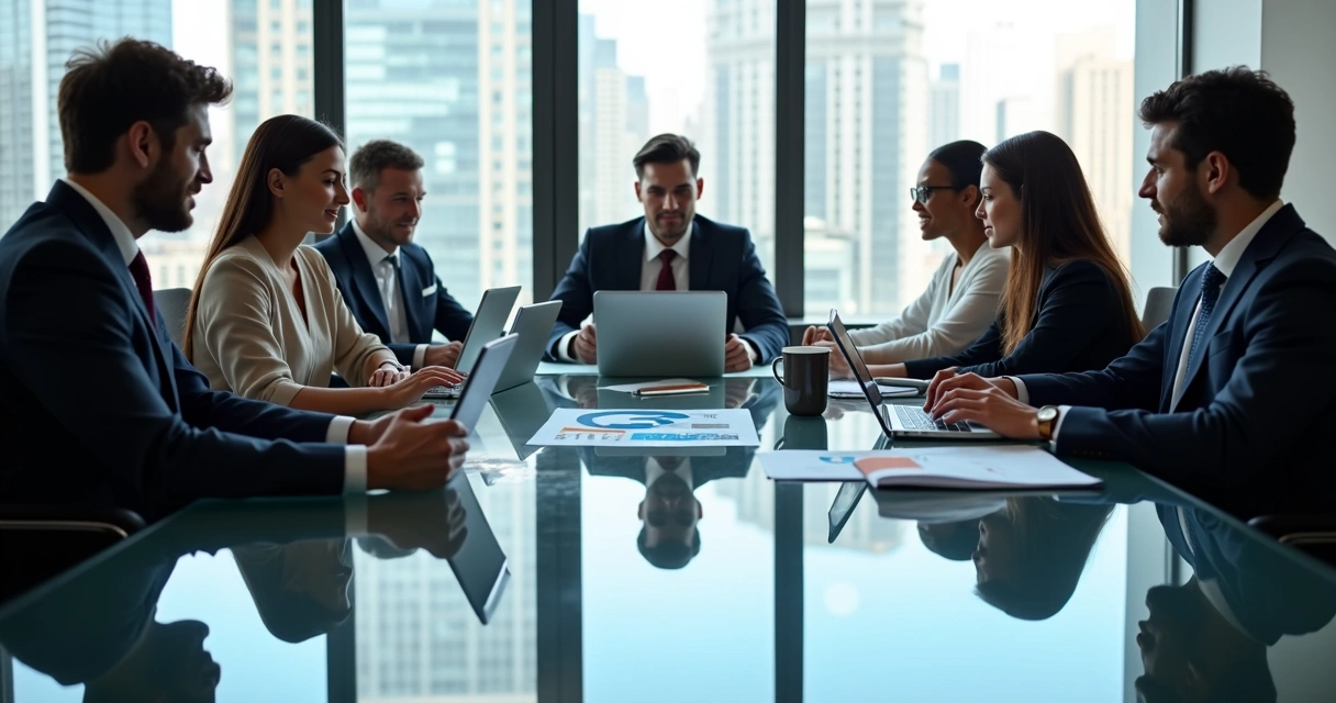 Equipe fiscal em sala de reunião analisando gráficos de simulação tributária em notebook.