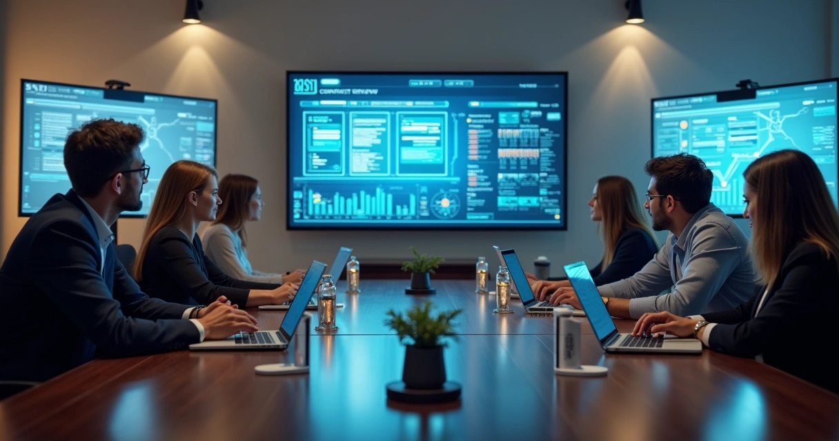 Equipe de departamento jurídico usando IA em escritório moderno 