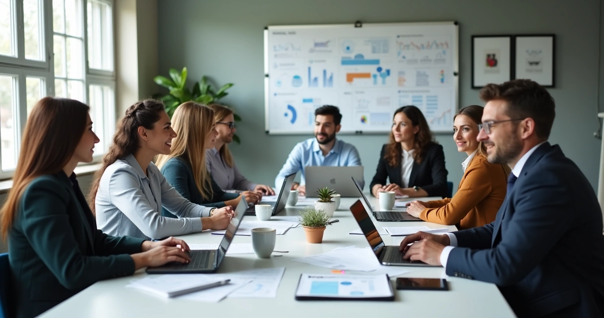 Profissionais de departamento pessoal reunidos em mesa organizada discutindo documentos