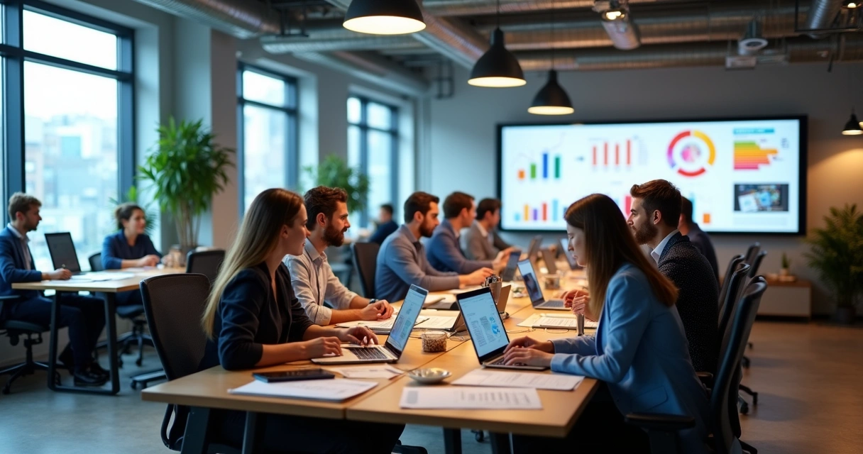 Equipe reunida em redor de uma mesa em agência de publicidade, com áreas demarcadas para comercial, criação, mídia e planejamento