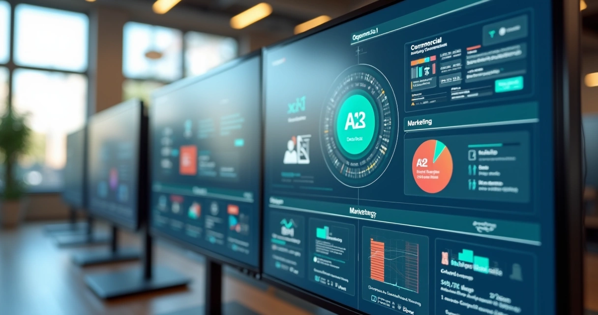 Painel de controle digital mostrando múltiplos departamentos integrados a agentes de IA no WhatsApp com interface visual colorida e ícones distintos 
