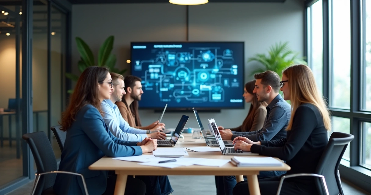 Equipe de diversos departamentos reunida em sala de reunião avaliando projetos de tecnologia. 