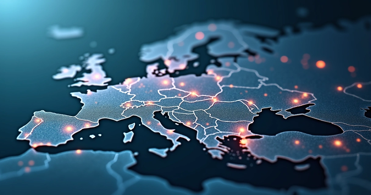 Department icons digitally connected by flowing data lines 