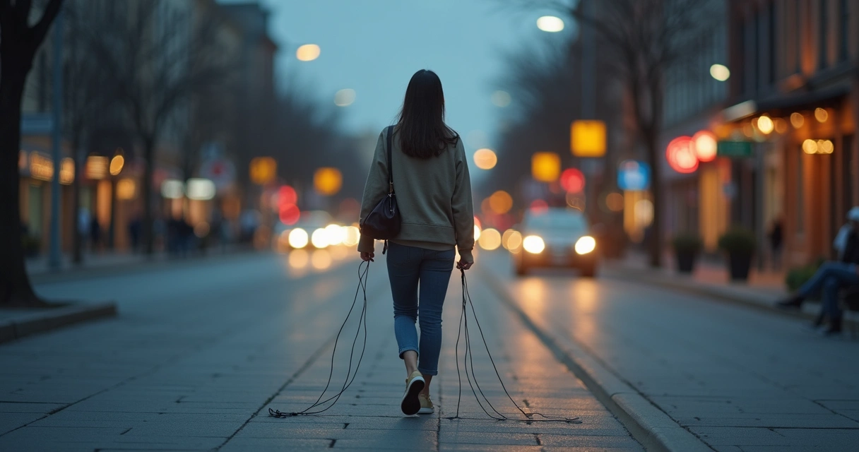 Pessoa caminhando à frente com sombra projetando cordas puxando por trás 