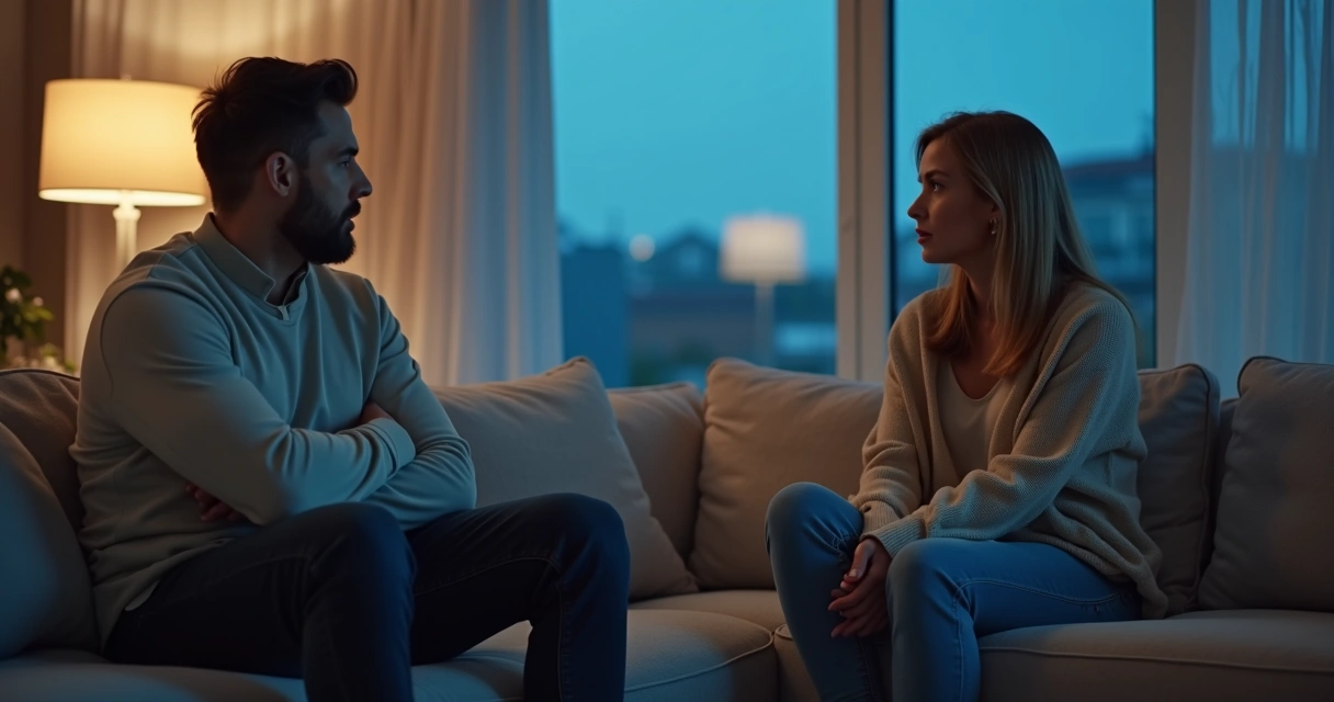 Pessoa se encolhendo ao lado de parceiro distante no sofá 