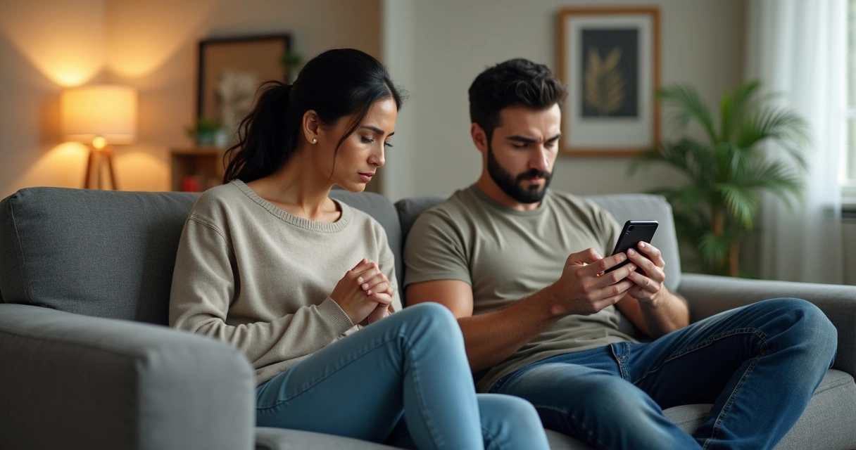 Mulher pensativa sentada ao lado de parceiro distraído em ambiente doméstico 