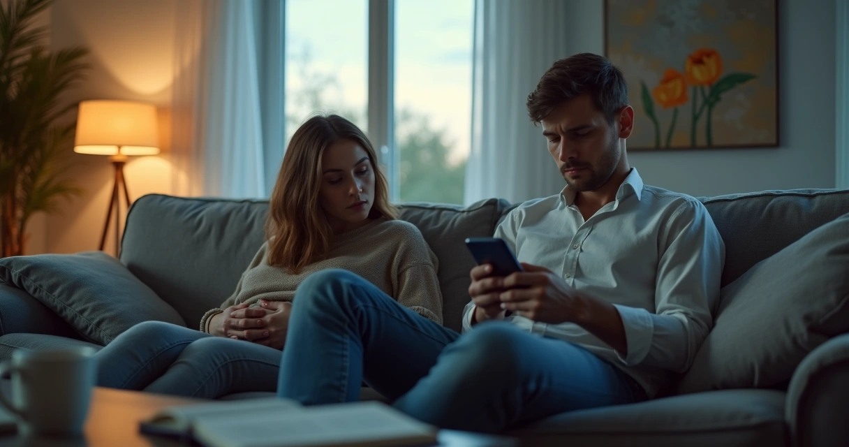 Mujer sentada junto a su pareja sintiéndose sola y desconectada 