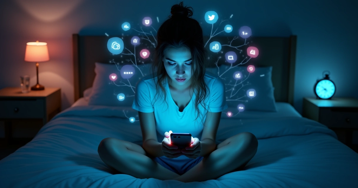 Mulher jovem olhando fixamente para o celular cercada por ícones de redes sociais 